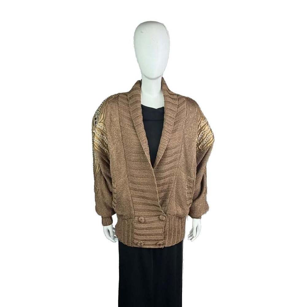 Vintage Nannell Hand Knit Embellished Cardigan Sweater Gold Metallic Accents Siz